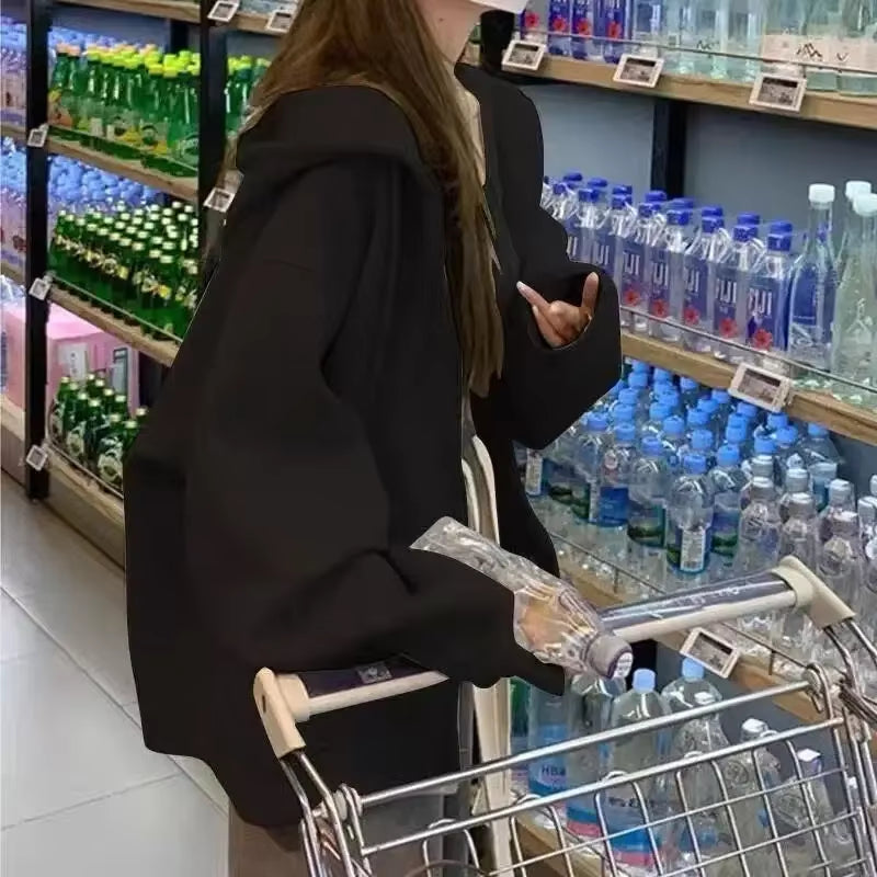 Trendy Grey Hoodie Women'S Sweatshirt Fleece Lined Casual Retro American Style Outerwear Thick Winter Polyester Fiber