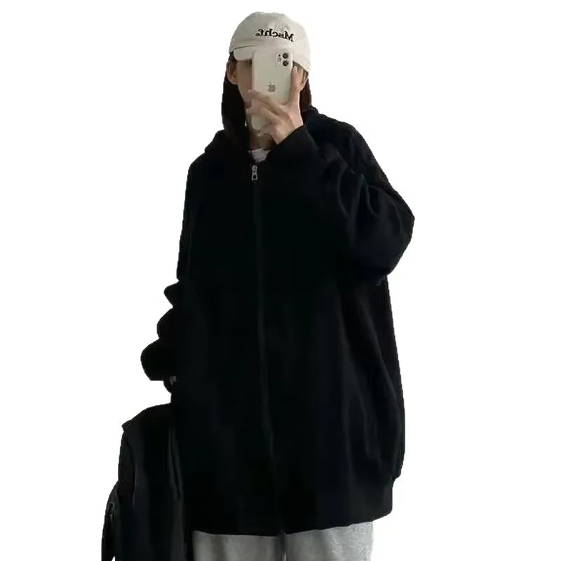 Trendy Grey Hoodie Women'S Sweatshirt Fleece Lined Casual Retro American Style Outerwear Thick Winter Polyester Fiber