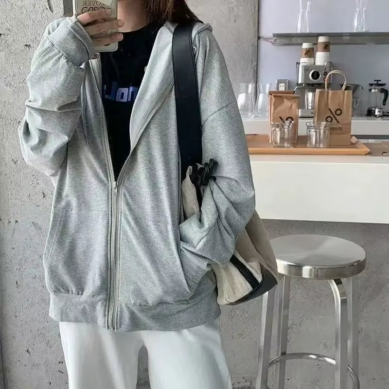 Trendy Grey Hoodie Women'S Sweatshirt Fleece Lined Casual Retro American Style Outerwear Thick Winter Polyester Fiber