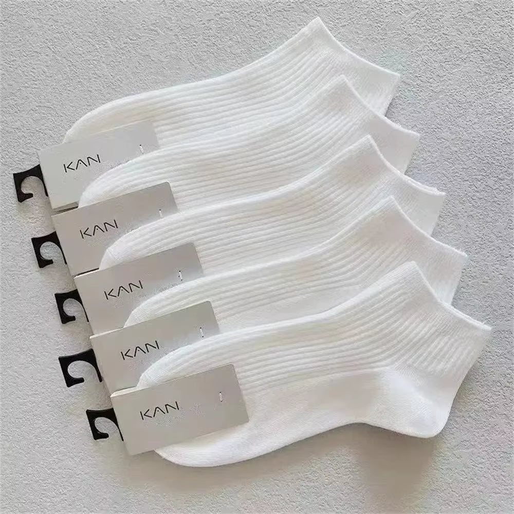 5 Pairs/Pack Ankle Socks Women 100% Cotton Invisible Sweat-Absorbing Girls Low Tube Boat Socks EU 36-42 White Socks