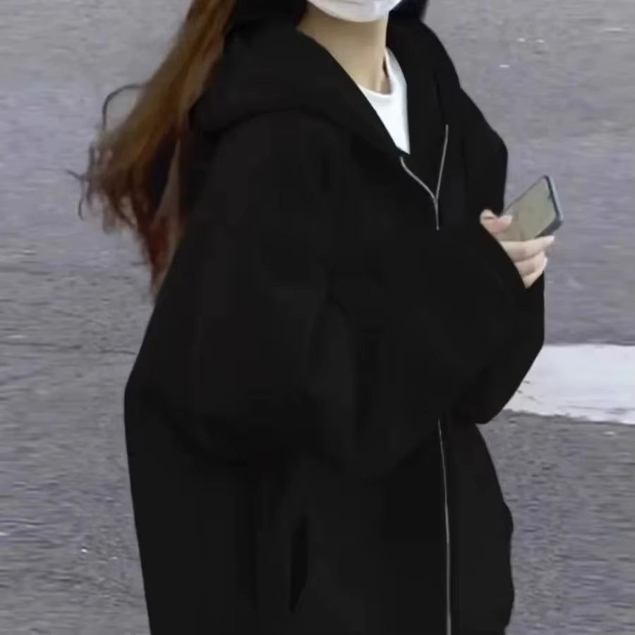 Trendy Grey Hoodie Women'S Sweatshirt Fleece Lined Casual Retro American Style Outerwear Thick Winter Polyester Fiber