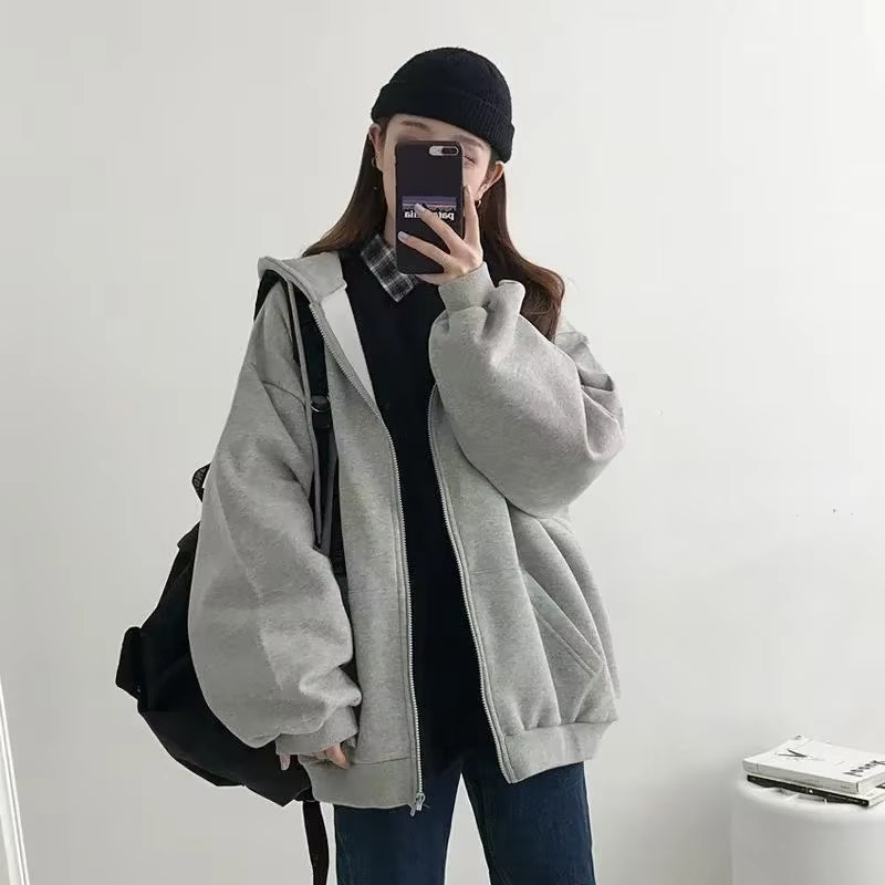 Trendy Grey Hoodie Women'S Sweatshirt Fleece Lined Casual Retro American Style Outerwear Thick Winter Polyester Fiber