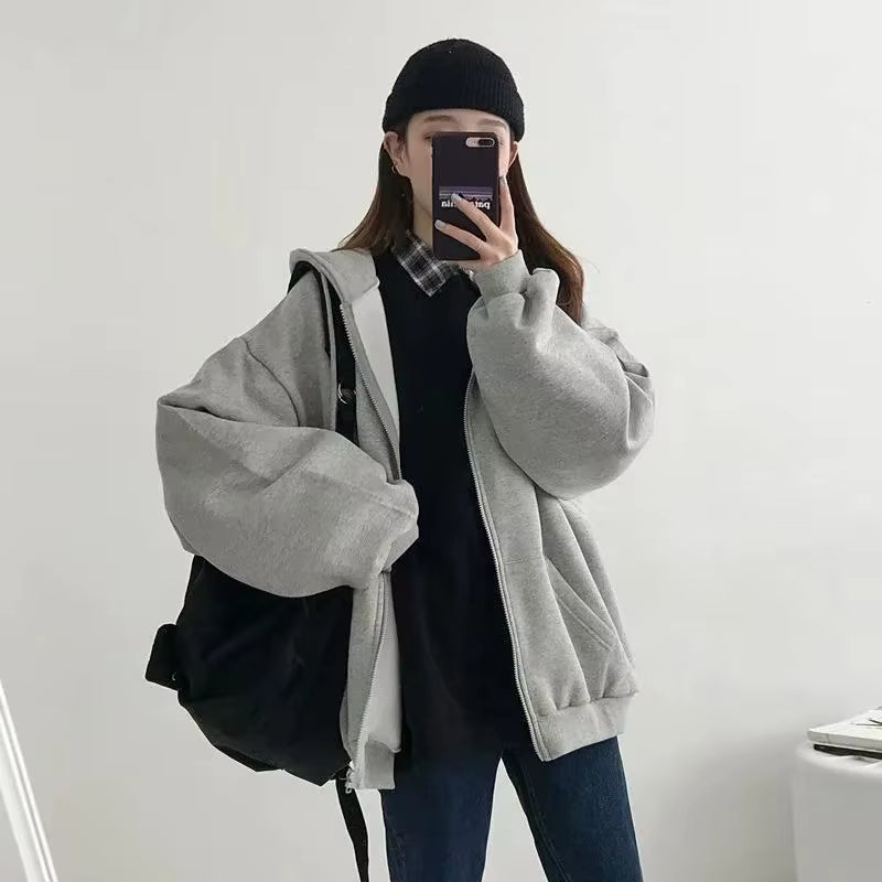 Trendy Grey Hoodie Women'S Sweatshirt Fleece Lined Casual Retro American Style Outerwear Thick Winter Polyester Fiber