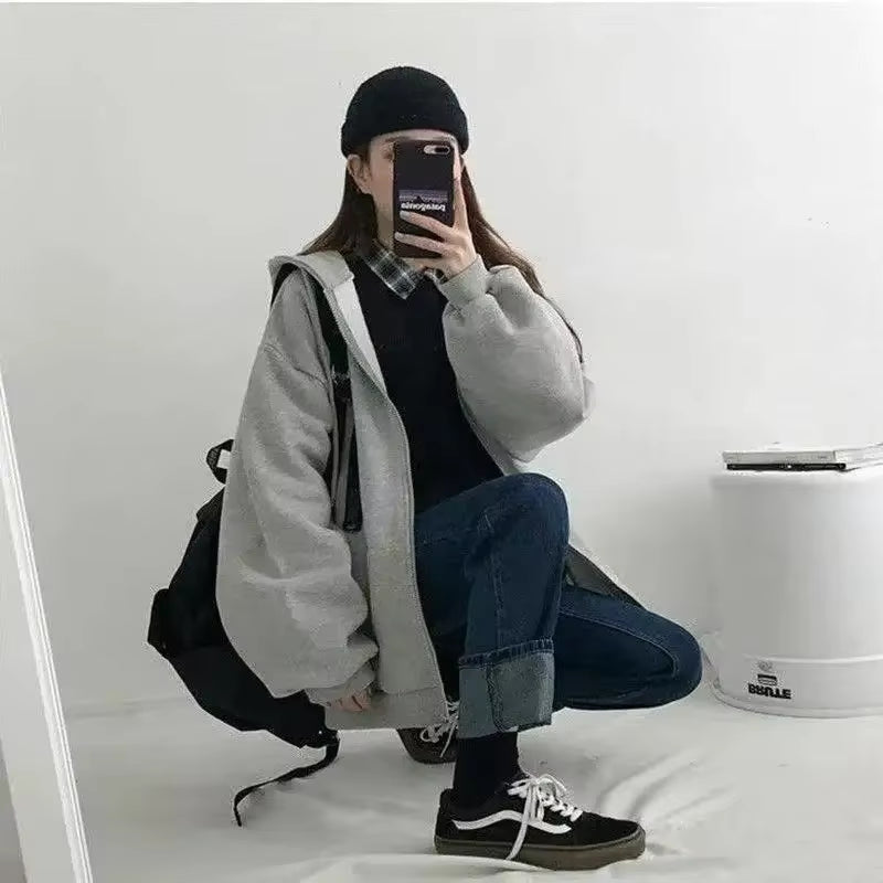 Trendy Grey Hoodie Women'S Sweatshirt Fleece Lined Casual Retro American Style Outerwear Thick Winter Polyester Fiber